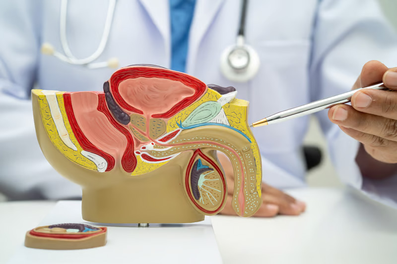 Modello anatomico dell’apparato urinario con reni, ureteri e vescica durante una visita urologica 