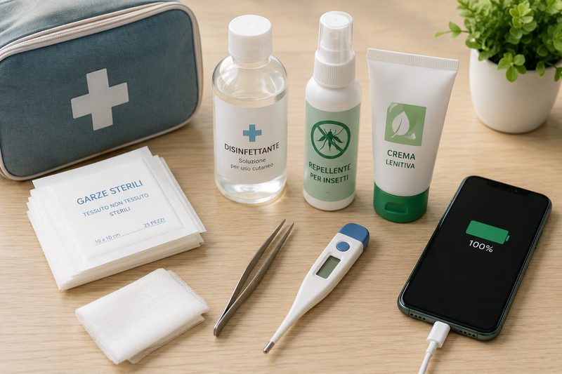 Kit per punture e morsi da portare in vacanza con pinzetta, disinfettante, garze e repellente.