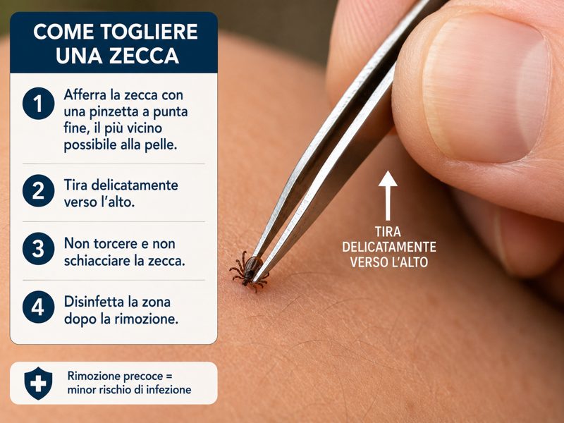 Come togliere una zecca dalla pelle con una pinzetta posizionata correttamente.