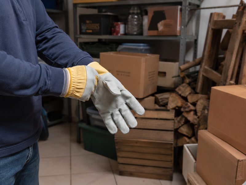 Gants de protection permettant de prévenir une morsure d’araignée violoniste lors du déplacement de cartons et d’objets entreposés.