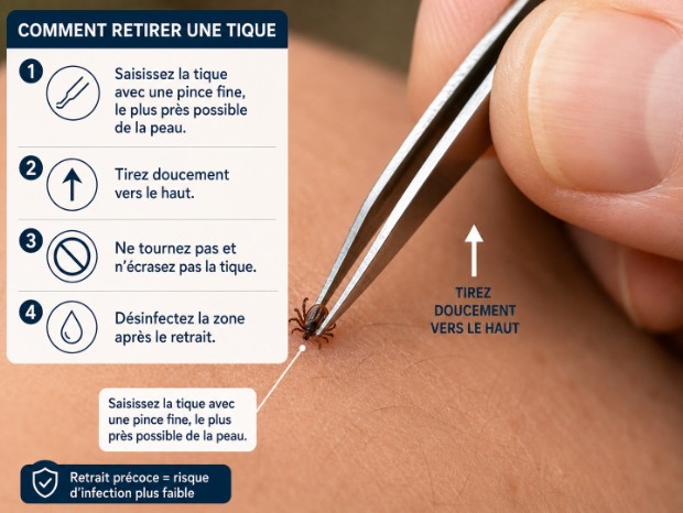 Comment retirer une tique de la peau à l’aide d’une pince correctement positionnée.