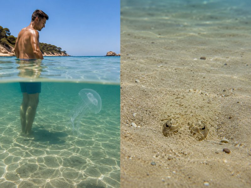 Medusa in acqua e tracina nascosta nella sabbia, principali rischi durante il bagno al mare.