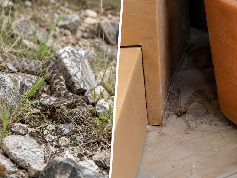 Vipera italiana e ragno violino nei loro ambienti, due possibili cause di morsi estivi.