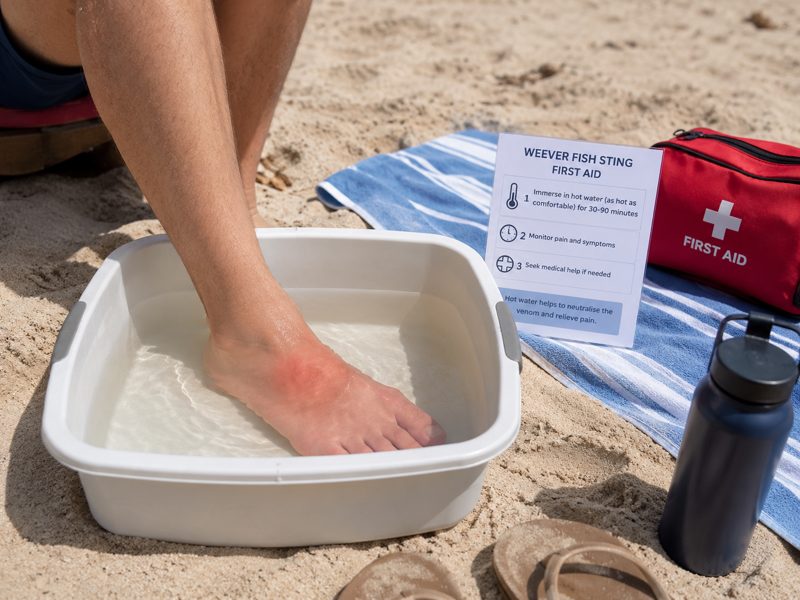 Piede immerso in acqua calda dopo una puntura di tracina per ridurre il dolore.