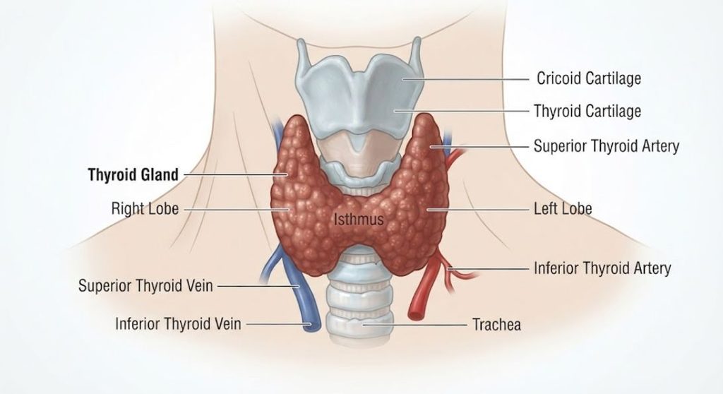 Detailed anatomical illustration of the throat showing the position and butterfly shape of the thyroid gland just above the trachea.